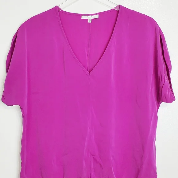 Milly size 10 silk blend  v neck short dolman sleeve top blouse magenta fuchsia - Picture 2 of 12